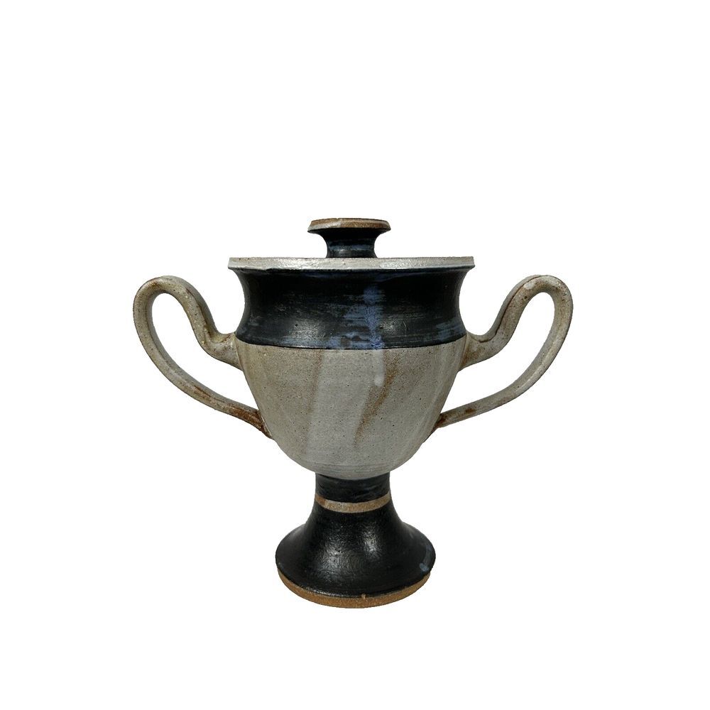 Vintage Studio Pottery‎ Loving Cup Mid Century Modern Signed with Lid 7 3/4"